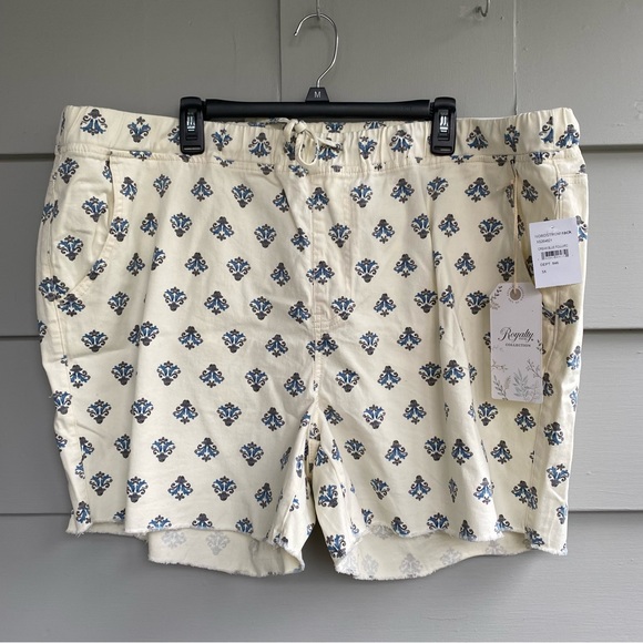 Royalty For Me Womens 3X Shorts Cream Blue  Drawstring Cotton Blend - Picture 1 of 6